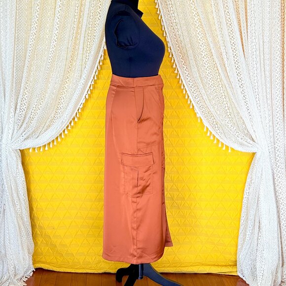 House of Harlow Brown Satin Cargo Midi Skirt Size Small - Picture 5 of 16